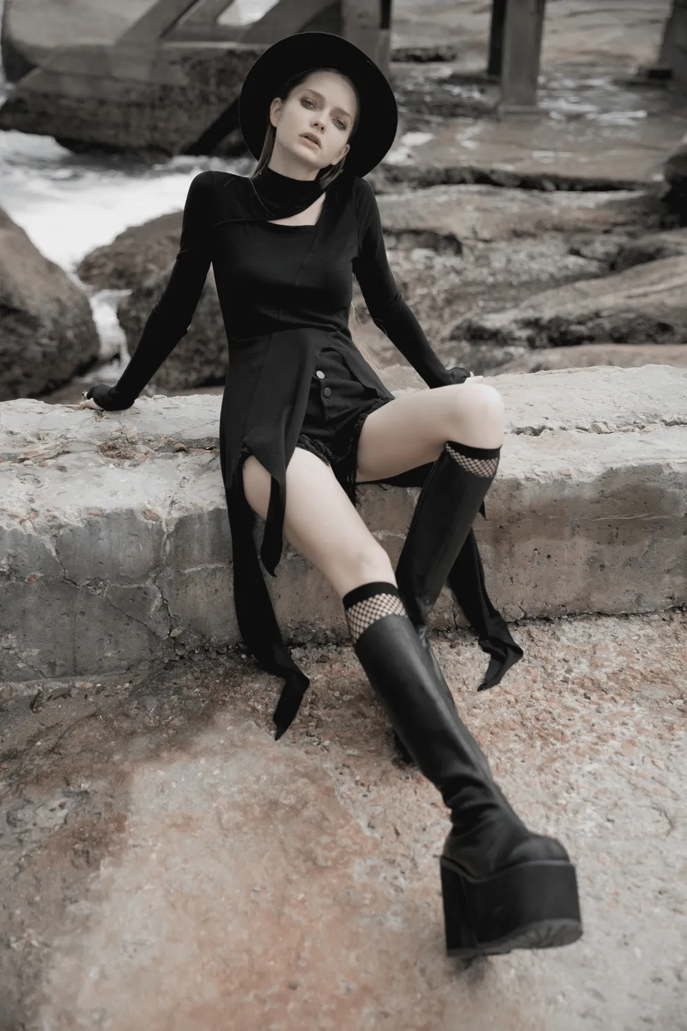 Black Asymmetric Knit Dress with Sleeve Cut-Outs