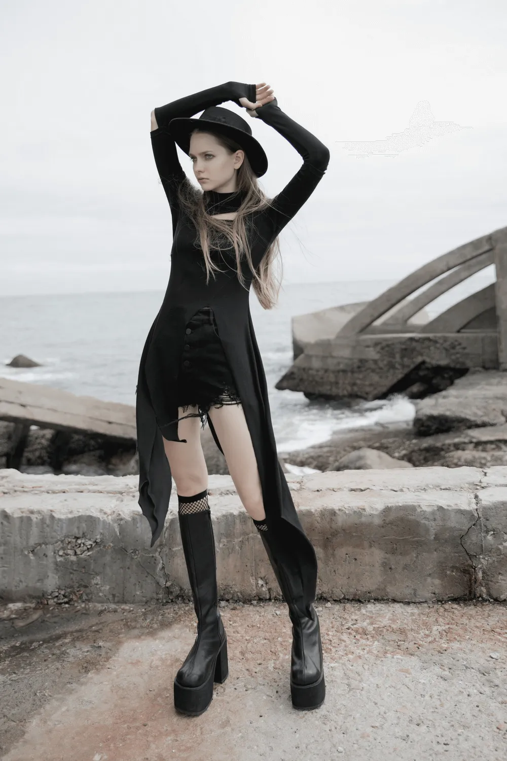 Black Asymmetric Knit Dress with Sleeve Cut-Outs