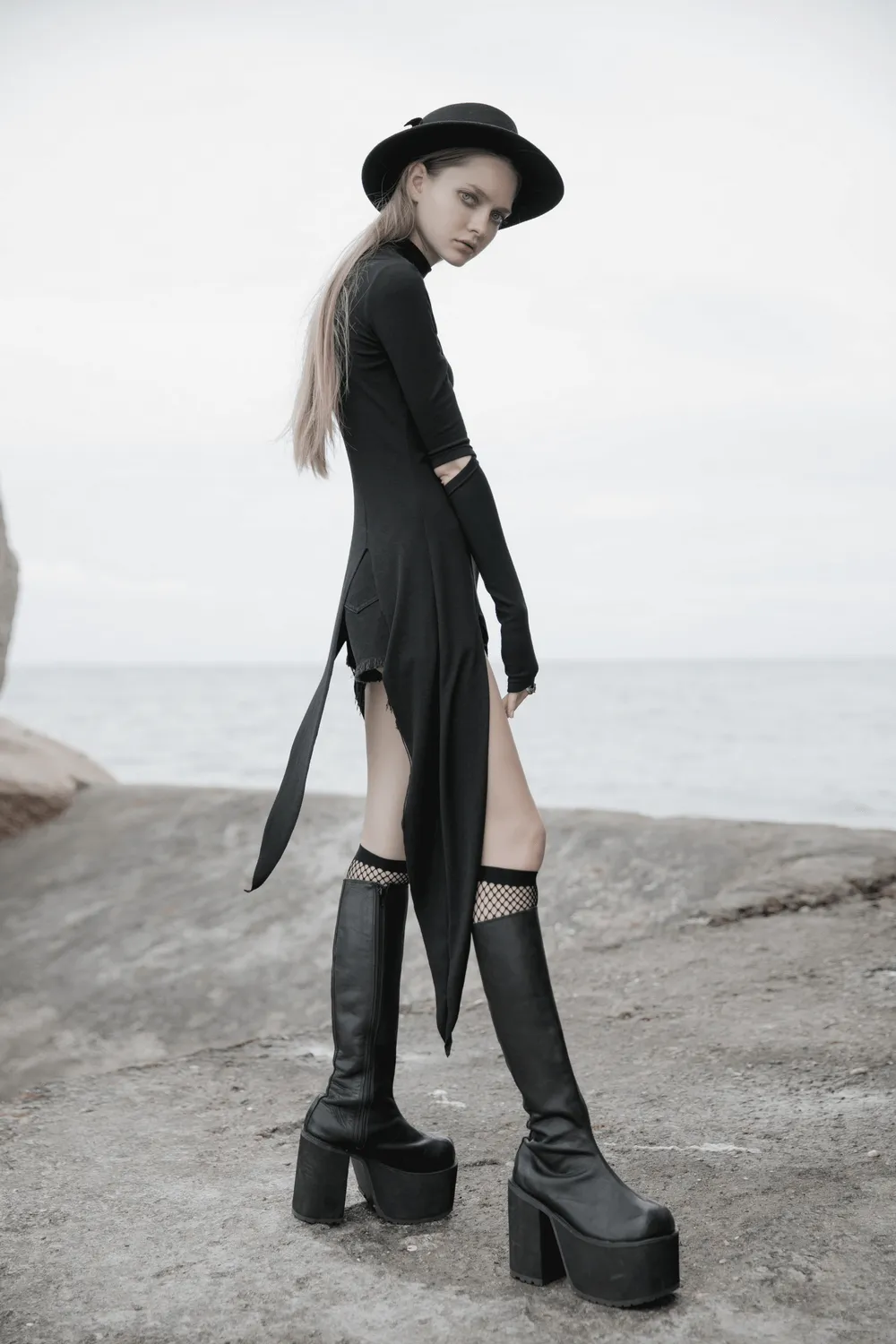 Black Asymmetric Knit Dress with Sleeve Cut-Outs