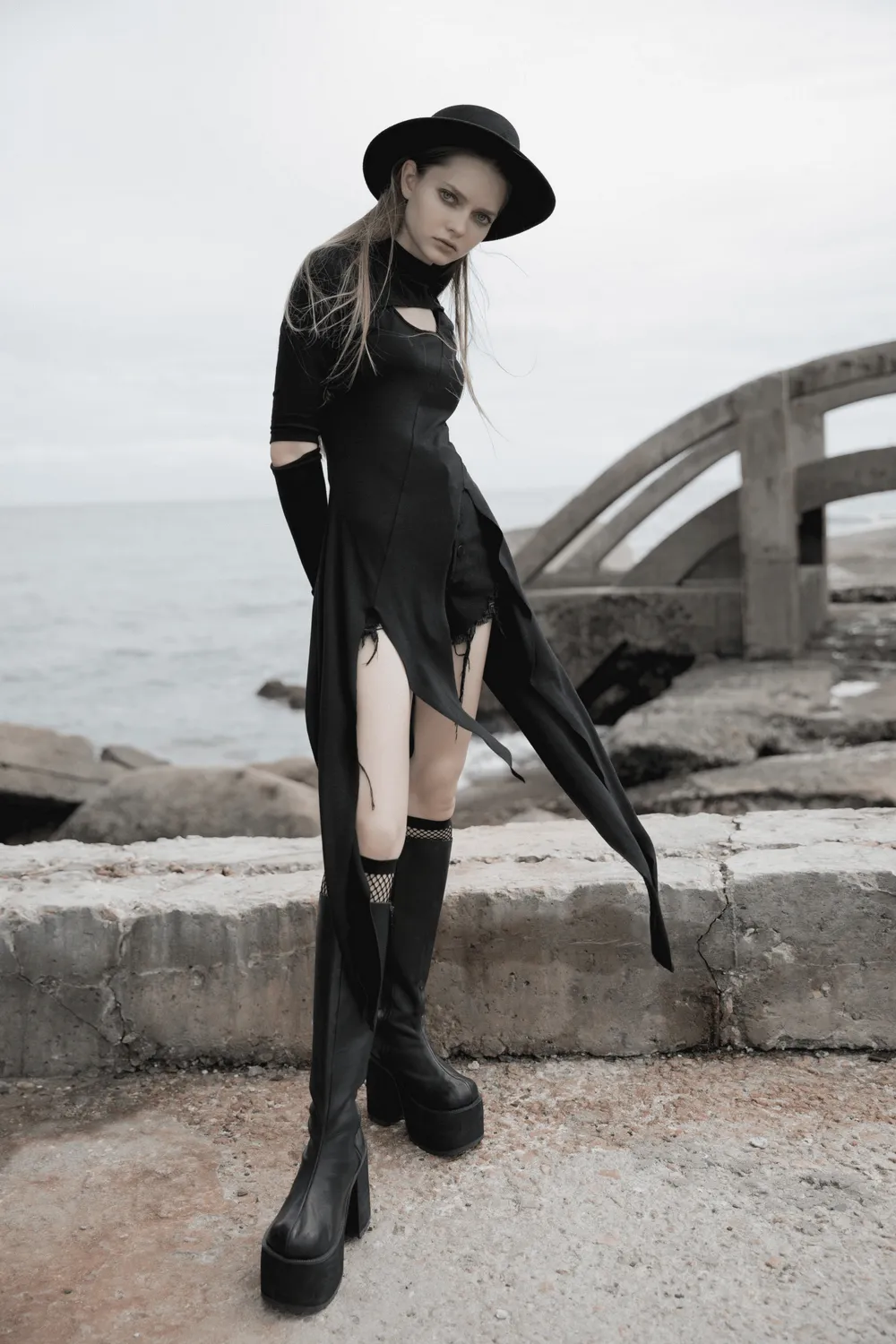 Black Asymmetric Knit Dress with Sleeve Cut-Outs