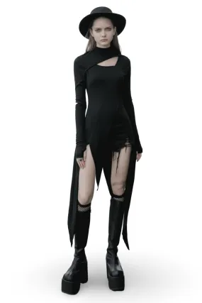 Black Asymmetric Knit Dress with Sleeve Cut-Outs