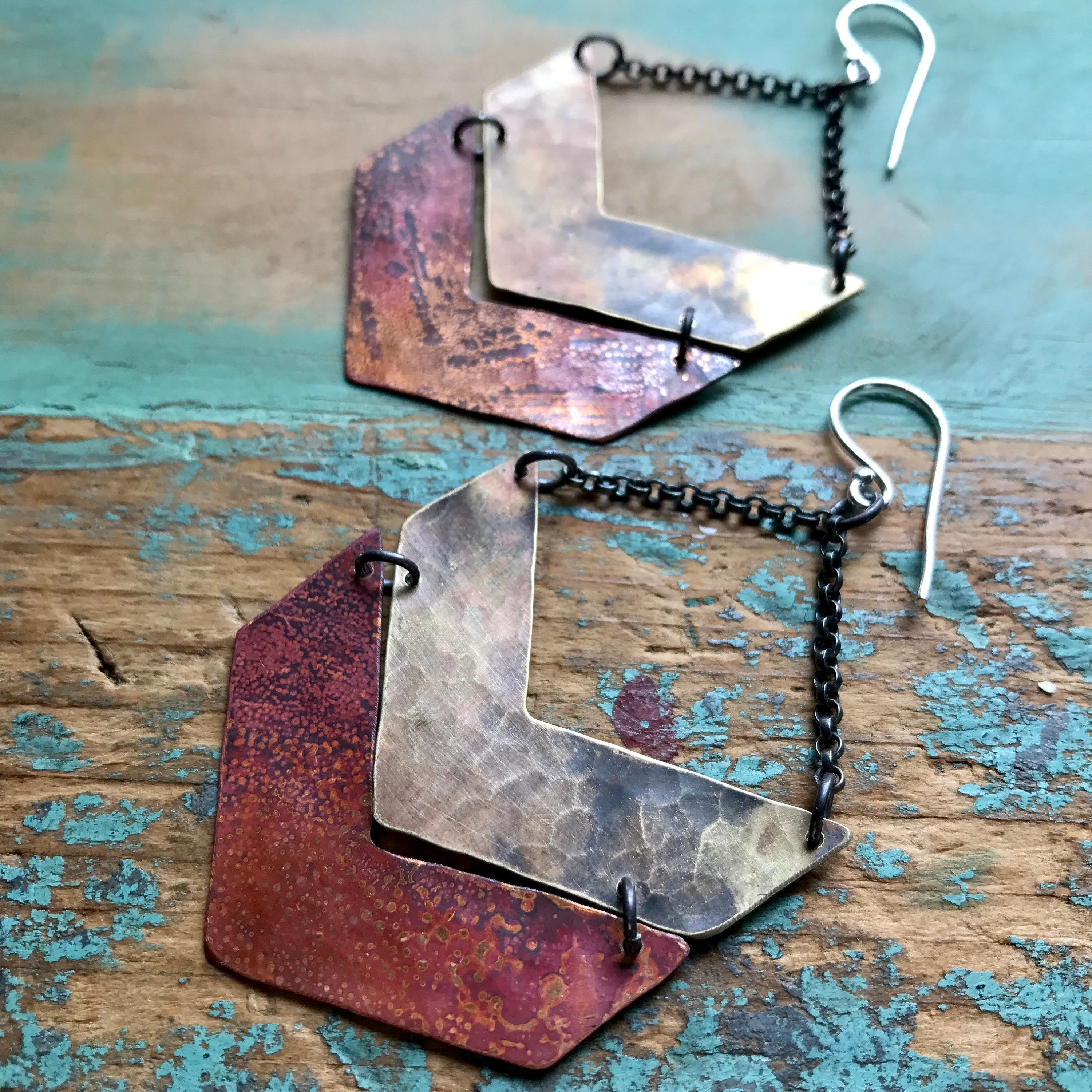Brass and Copper Wide Chevron Earrings
