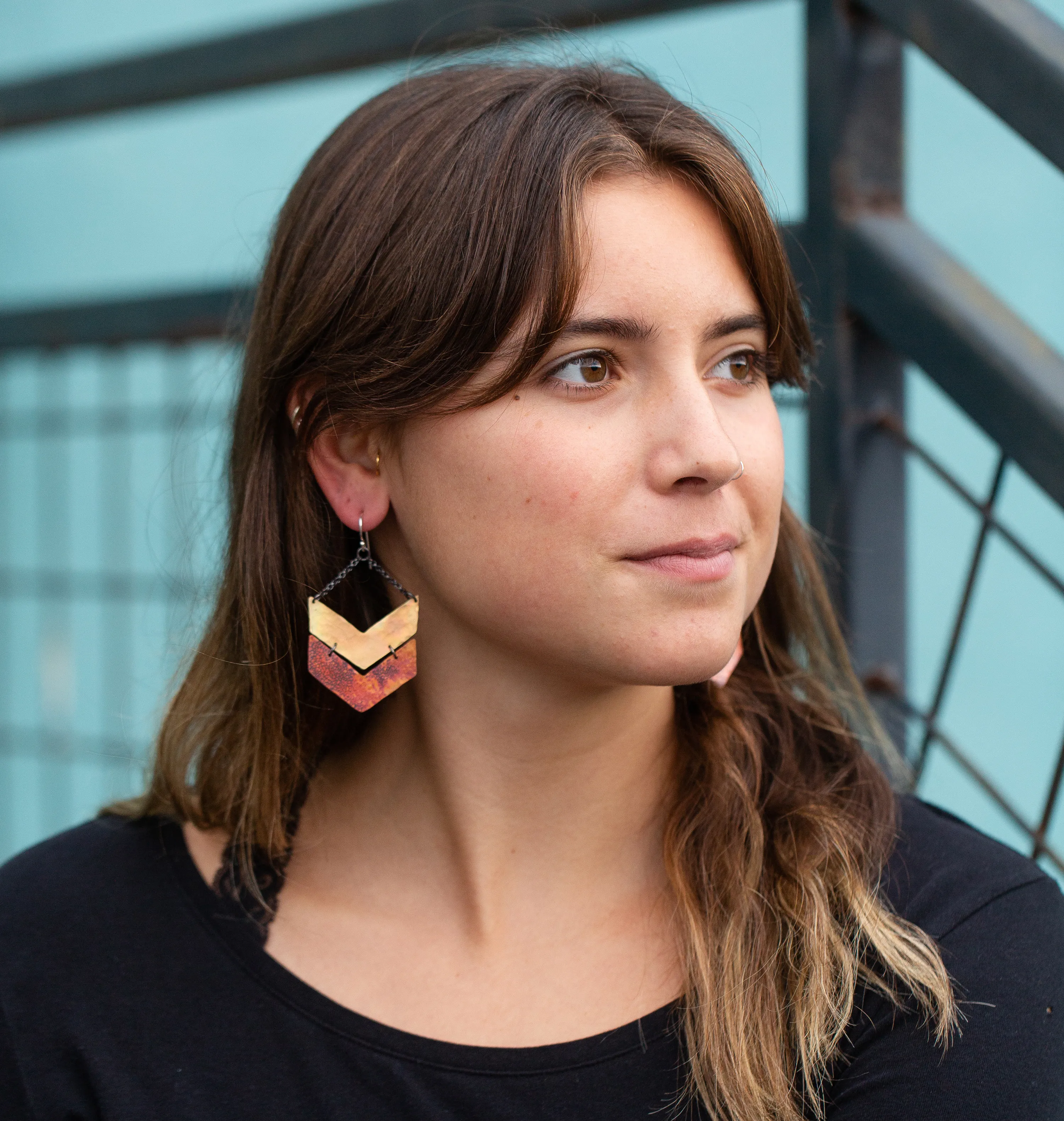 Brass and Copper Wide Chevron Earrings