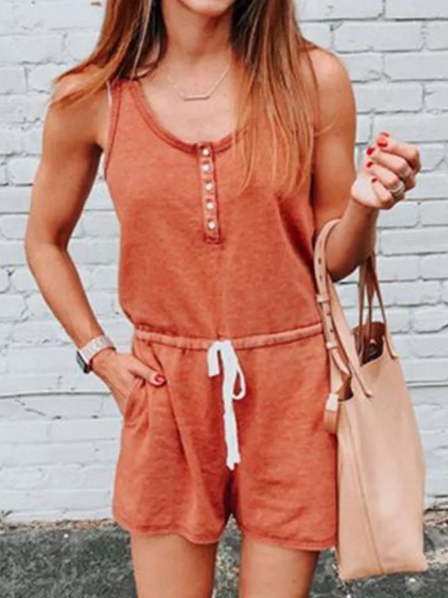 Button U Neck Pockets Romper