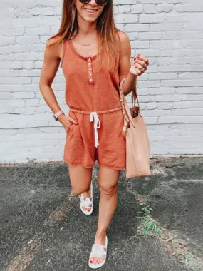 Button U Neck Pockets Romper