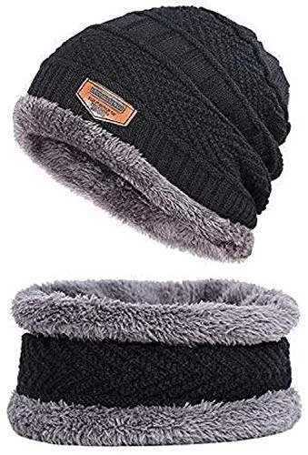 CLUB SPUNKY Men's Woollen Cap with Neck Muffler/Neck Warmer Set (Black, Free Size)