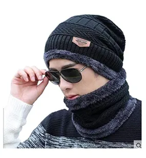 CLUB SPUNKY Men's Woollen Cap with Neck Muffler/Neck Warmer Set (Black, Free Size)