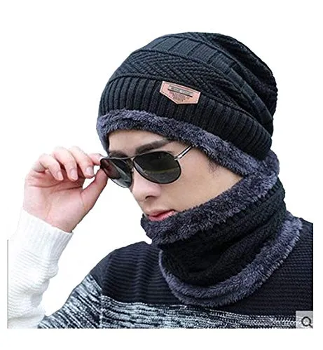 CLUB SPUNKY Men's Woollen Cap with Neck Muffler/Neck Warmer Set (Black, Free Size)