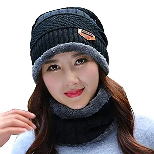 CLUB SPUNKY Men's Woollen Cap with Neck Muffler/Neck Warmer Set (Black, Free Size)