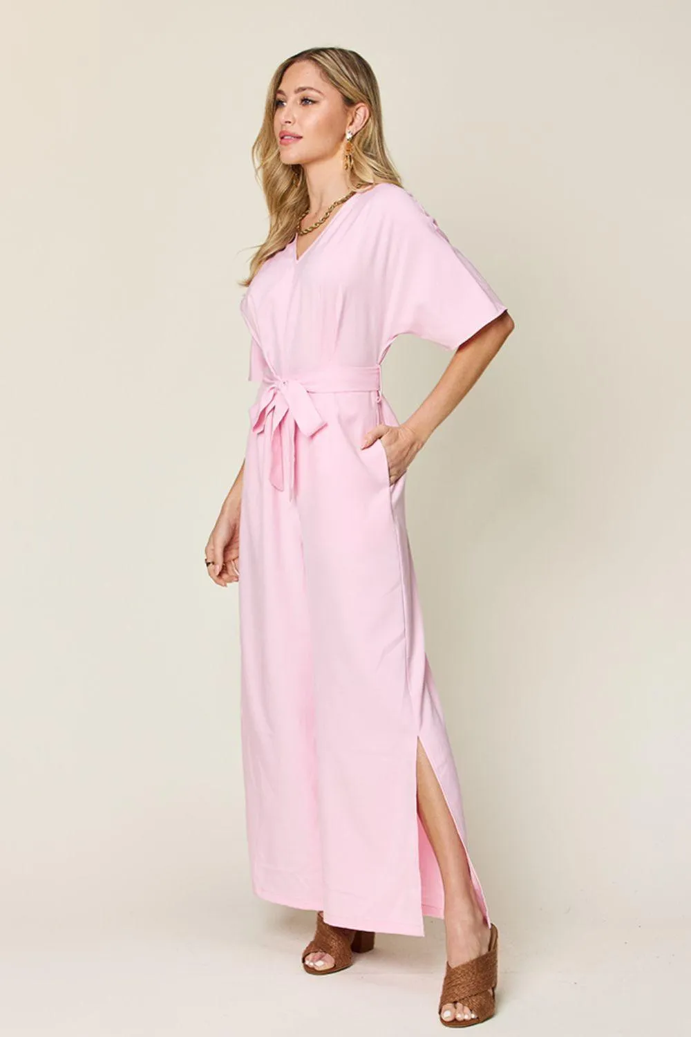 Double Take Full Size V-Neck Tie Front Short Sleeve Slit Jumpsuit