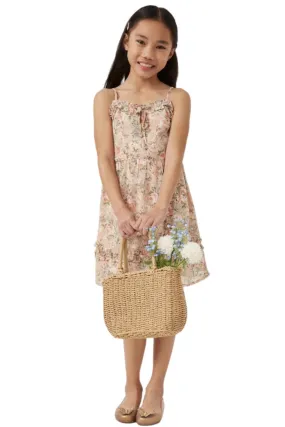 Girls Floral Ruffled Tie Detail Sleeveless Tank Dress in Pink Style 5850
