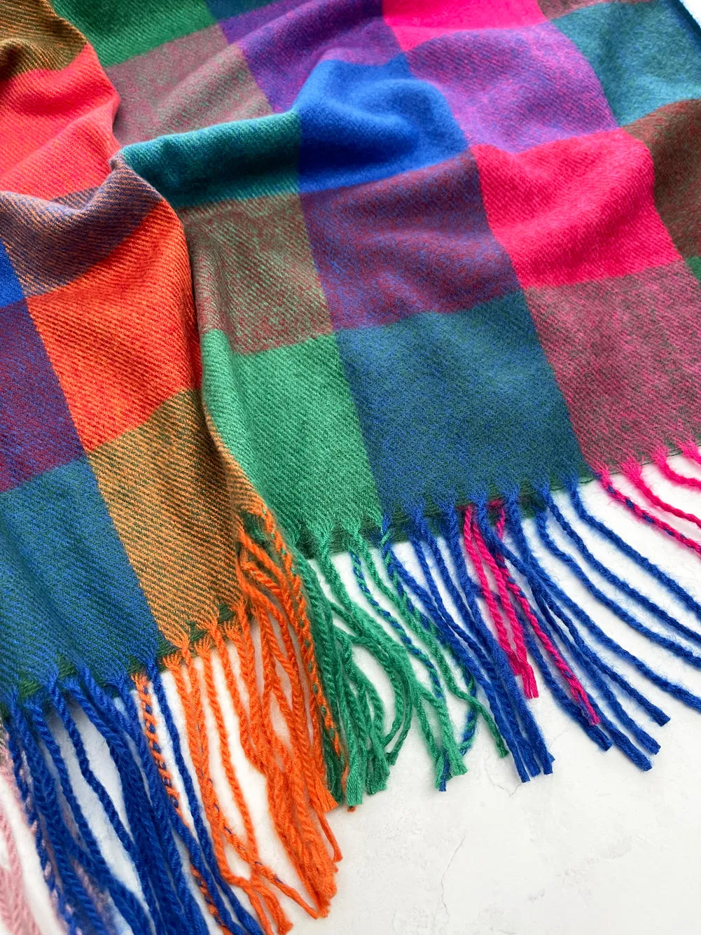 LONG MULTI COLOURED WOOL MIX CHECKED TARTAN SCARF