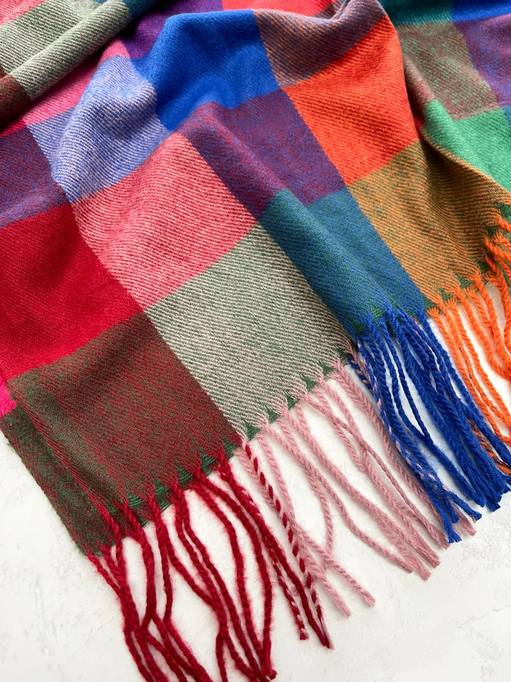 LONG MULTI COLOURED WOOL MIX CHECKED TARTAN SCARF