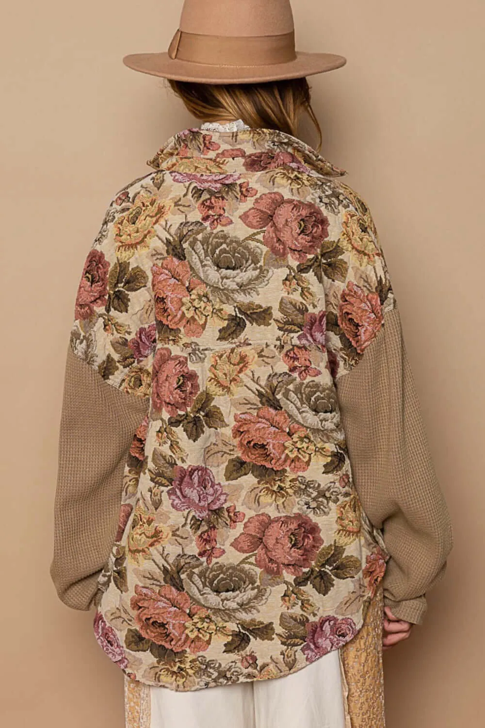 Mocha Long Sleeves Button Down Floral Jacquard Shirt Shacket