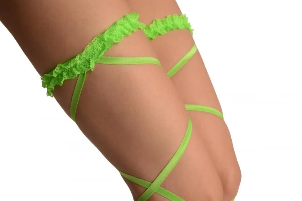 Neon Green Elasticated Ribbon Leg Wrap & Lace Garter