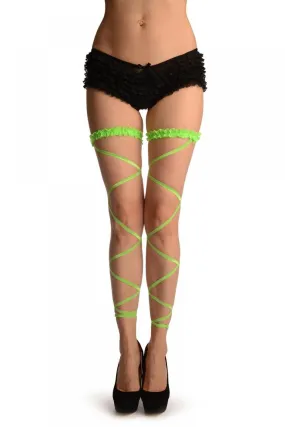 Neon Green Elasticated Ribbon Leg Wrap & Lace Garter