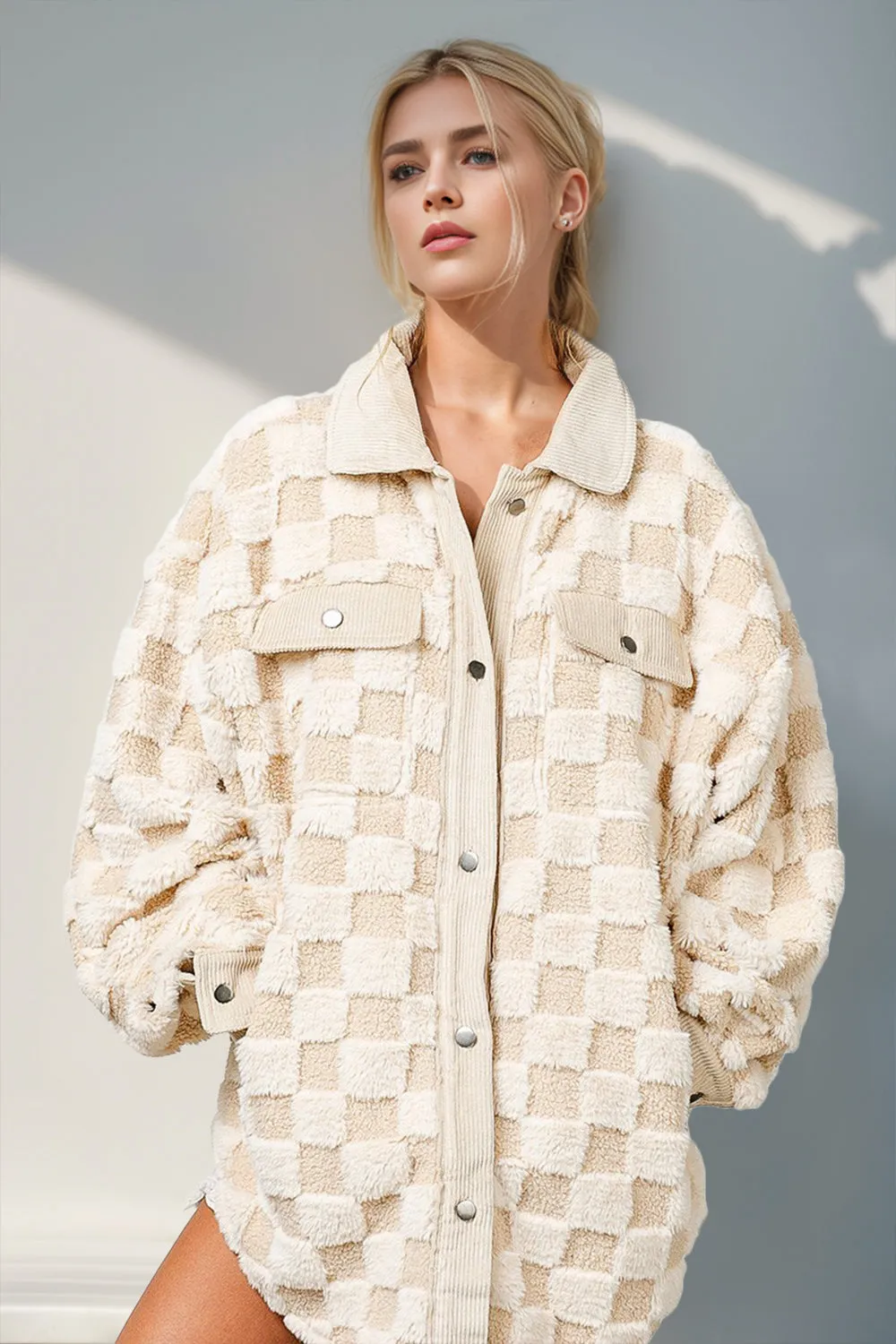 Preorder Double Take Button Up Fuzzy Checkered Shacket