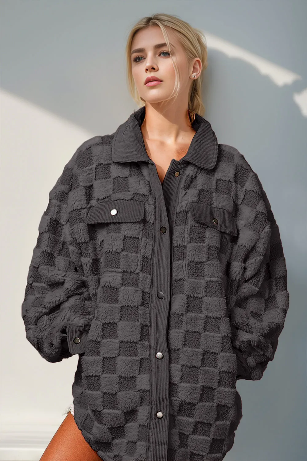 Preorder Double Take Button Up Fuzzy Checkered Shacket