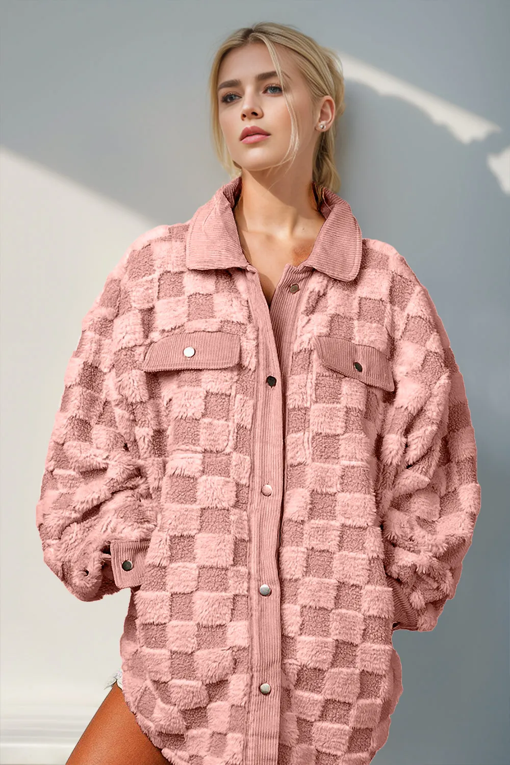Preorder Double Take Button Up Fuzzy Checkered Shacket