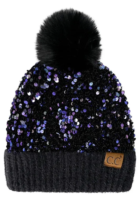 Savvy Sequin Pom Beanie - Purple Sequin