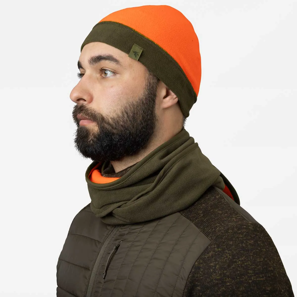 SEELAND Fleece Reversible Beanie Hat - Pine Green / Hi-vis Orange