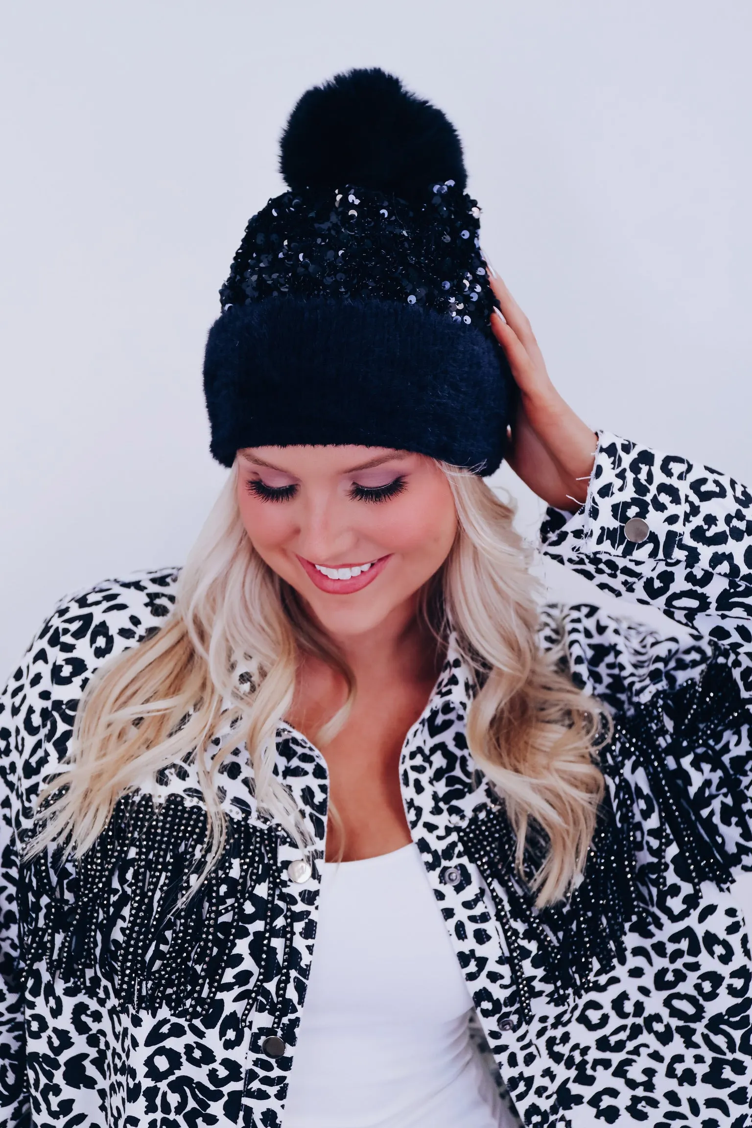 Suzie Sequin Pom Beanie - Black