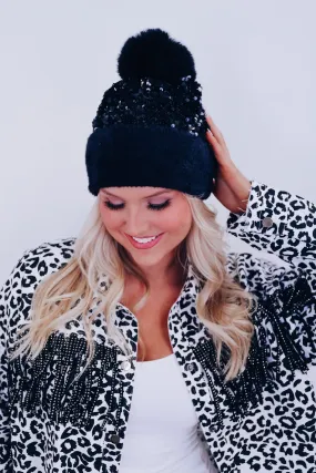 Suzie Sequin Pom Beanie - Black