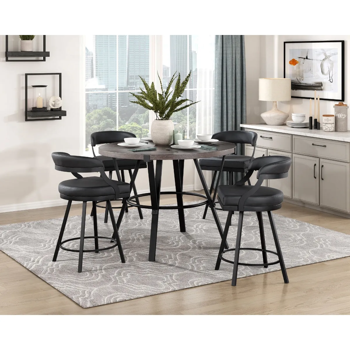 Swiveling Black Counter Height Chair - Modern Industrial Design - Set of 2
