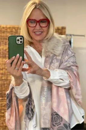 The Gorgeous Pastel Floral Faux Fur Trimmed Wrap